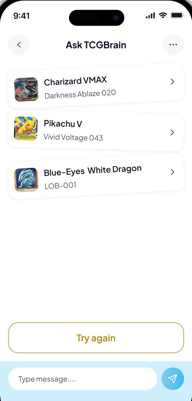 Ask TCGBrain screen listing candidate card matches