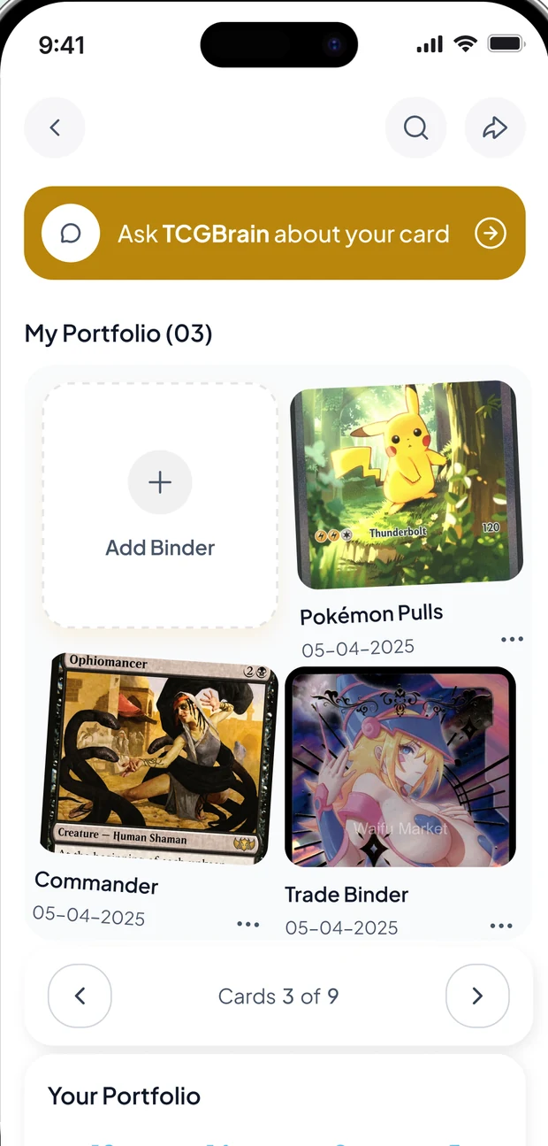 TCGBrain portfolio screen showing binders and the Ask TCGBrain shortcut