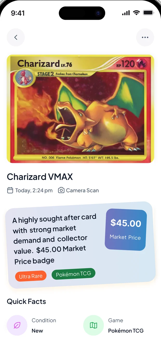 TCGBrain card detail screen showing the card image, rarity and game tags and the Quick Facts panel
