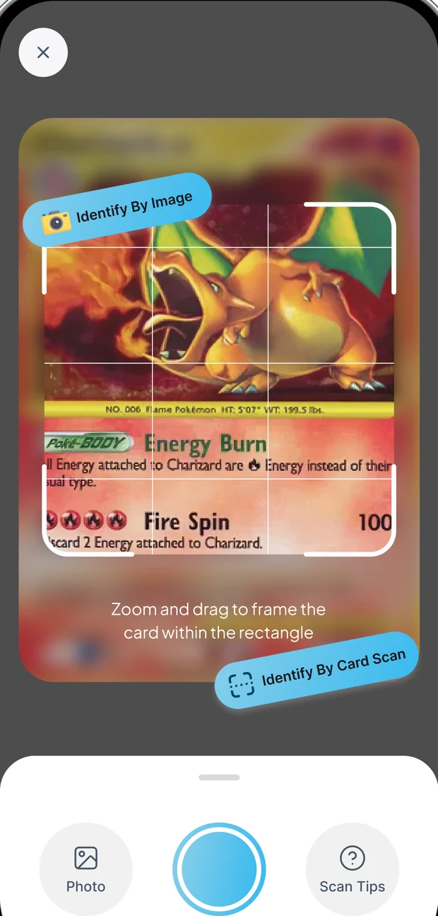 TCGBrain scan screen framing a trading card inside the capture rectangle
